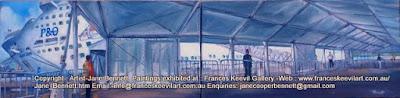 Plein air oil painting of cruise ship 'Pacific Jewel' at the East Darling Harbour Wharves painted by industrial heritage artist Jane Bennett